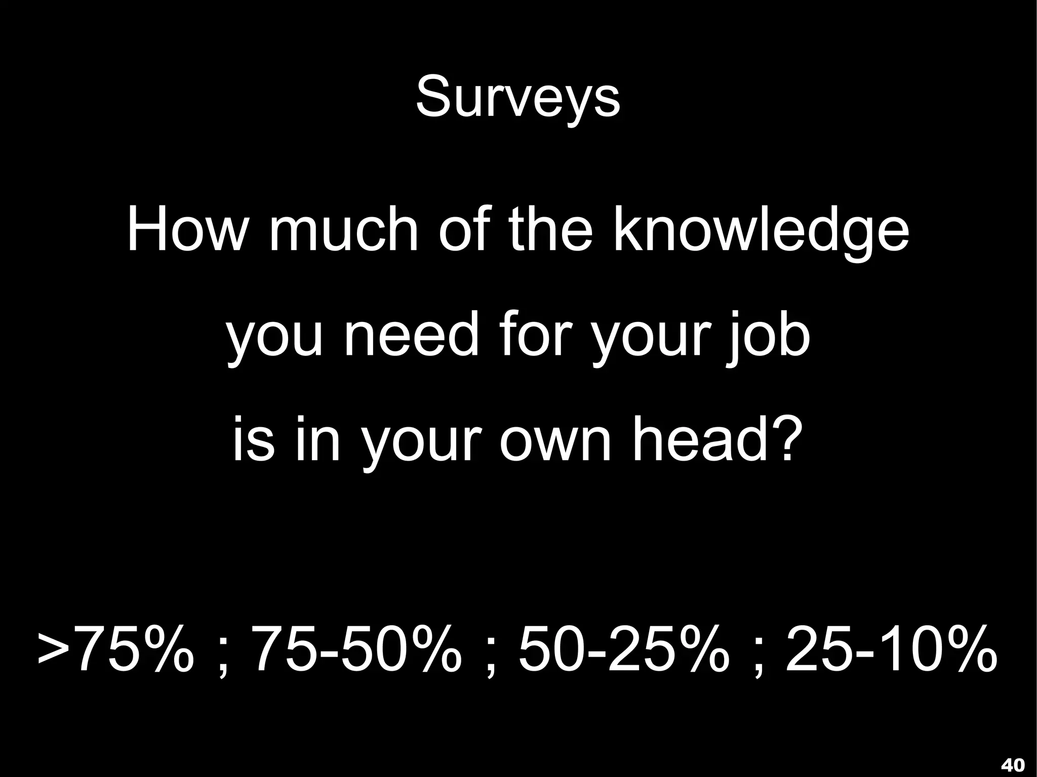 Surveys

  How much of the knowledge
      you need for your job
      is in your own head?


>75% ; 75-50% ; 50-25% ; 25-10%
                                  40
 