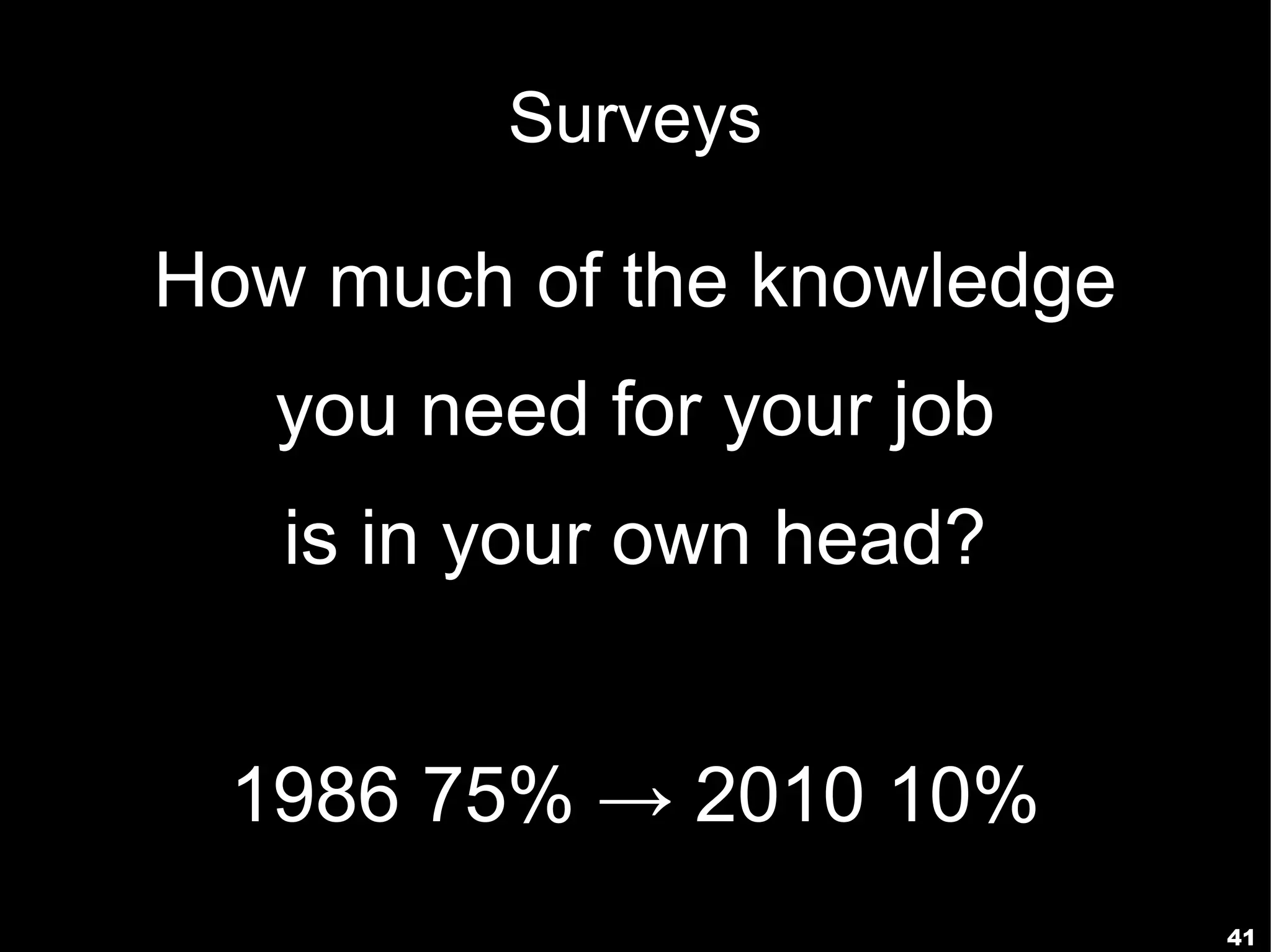 Surveys

How much of the knowledge
   you need for your job
   is in your own head?


 1986 75% → 2010 10%
                            41
 