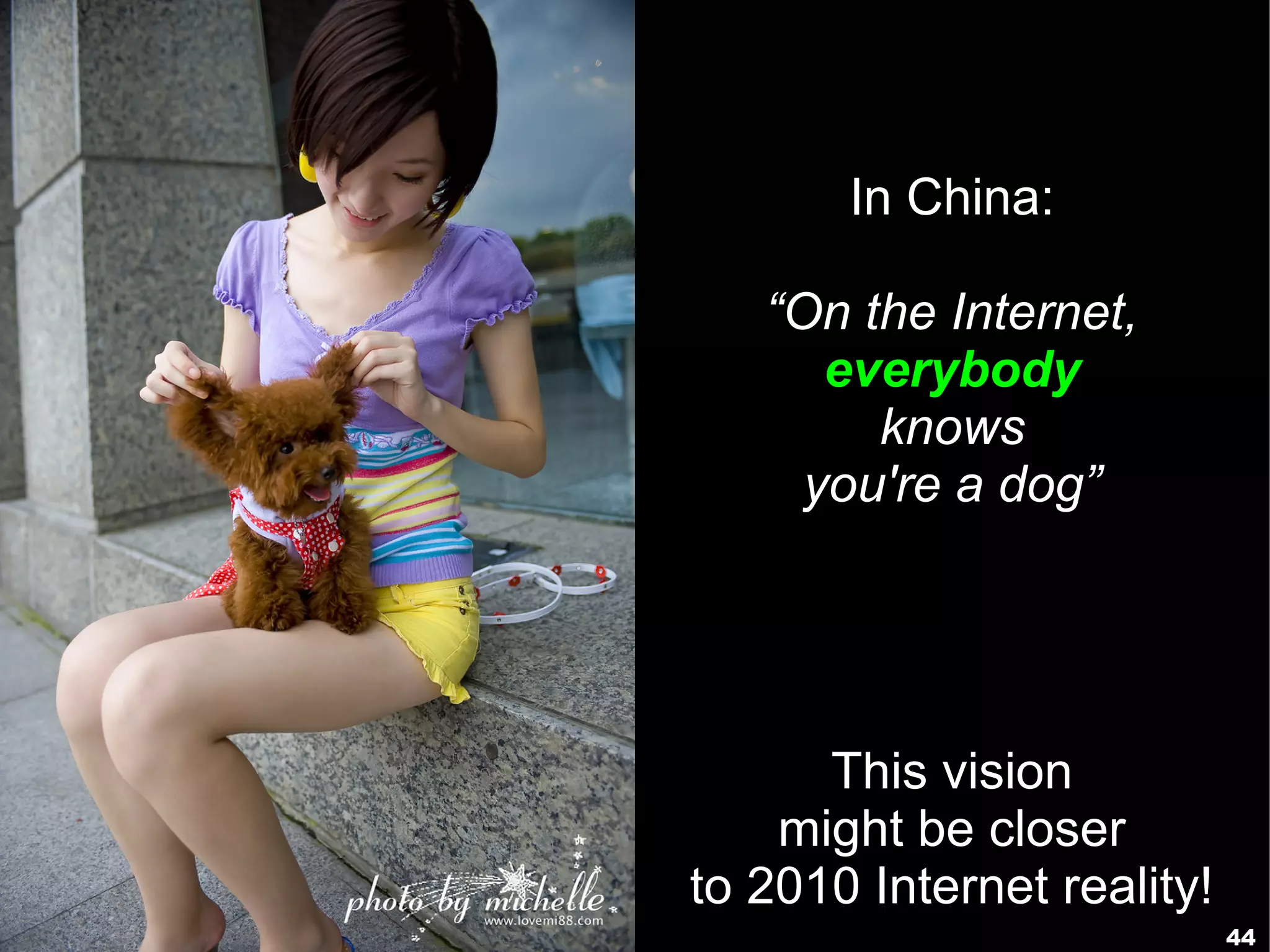In China:

   “On the Internet,
      everybody
        knows
     you're a dog”




      This vision
    might be closer
to 2010 Internet reality!
                            44
 