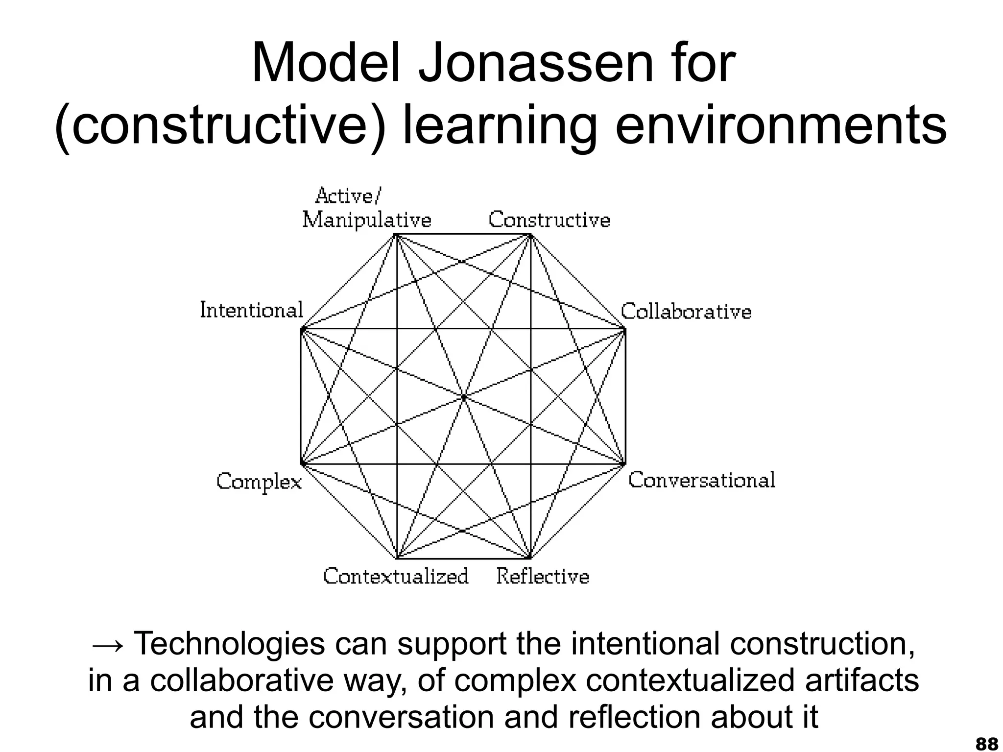 Model Jonassen for
(constructive) learning environments




  → Technologies can support the intentional construction,
 in a collaborative way, of complex contextualized artifacts
         and the conversation and reflection about it
                                                               88
 