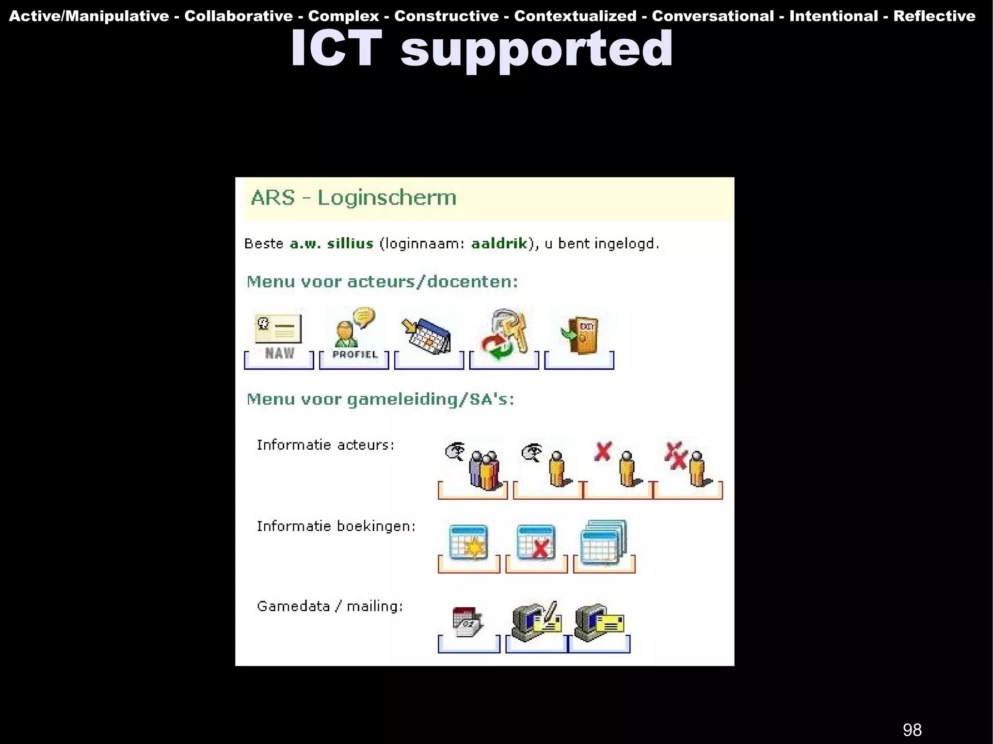 Active/Manipulative - Collaborative - Complex - Constructive - Contextualized - Conversational - Intentional - Reflective

                                   ICT supported




                                                                                                               98
 