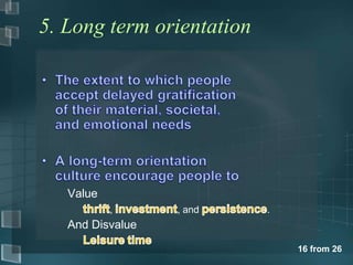 16 from 26 
5. Long term orientation 
Value 
, , and . 
And Disvalue 
 