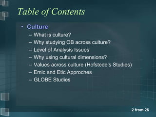 2 from 26 
Table of Contents 
– What is culture? 
– Why studying OB across culture? 
– Level of Analysis Issues 
– Why using cultural dimensions? 
– Values across culture (Hofstede’s Studies) 
– Emic and Etic Approches 
– GLOBE Studies 
 