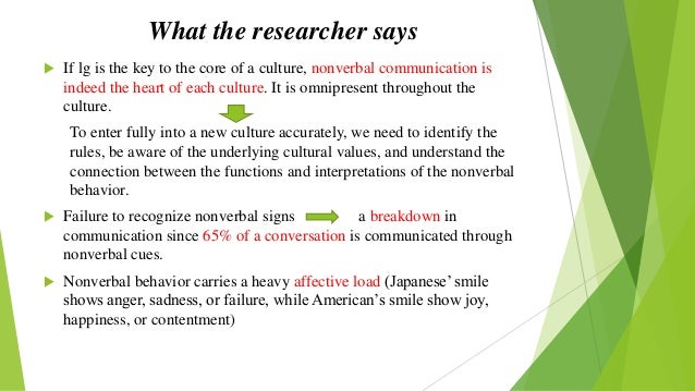 nonverbal communication and culture essay Nonverbal communication (nvc) between people is communication through sending and receiving wordless clues culture and interpersonal communication. nonverbal communication and culture essay Nonverbal communication (nvc) between people is communication through sending and receiving wordless clues culture and interpersonal communication.