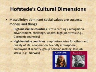 Hofstede’s Cultural Dimensions
• Masculinity: dominant social values are success,
money, and things
– High masculine countries: stress earnings, recognition,
advancement, challenge, wealth; high job stress (e.g.,
Germanic countries)
– High feminine countries: emphasize caring for others and
quality of life; cooperation, friendly atmosphere.,
employment security, group decision making; low job
stress (e.g., Norway)

 