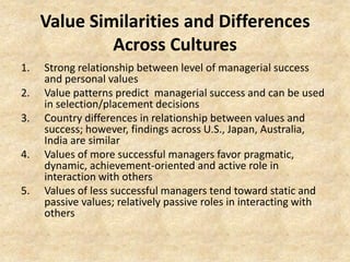 Value Similarities and Differences
Across Cultures
1.

2.
3.
4.
5.

Strong relationship between level of managerial success
and personal values
Value patterns predict managerial success and can be used
in selection/placement decisions
Country differences in relationship between values and
success; however, findings across U.S., Japan, Australia,
India are similar
Values of more successful managers favor pragmatic,
dynamic, achievement-oriented and active role in
interaction with others
Values of less successful managers tend toward static and
passive values; relatively passive roles in interacting with
others

 