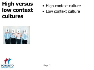 High versus
low context
cultures
• High context culture
• Low context culture
Page 17
 