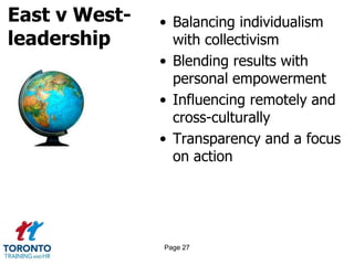East v West-
leadership
• Balancing individualism
with collectivism
• Blending results with
personal empowerment
• Influencing remotely and
cross-culturally
• Transparency and a focus
on action
Page 27
 
