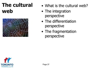 The cultural
web
• What is the cultural web?
• The integration
perspective
• The differentiation
perspective
• The fragmentation
perspective
Page 37
 