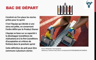 BAC DE DÉPART
L’endroit où l’on place les stories
prêtes pour le sprint

C’est l’équipe qui décide si une
story est prête, en conservant
l’ordre défini par le Product Owner
L’équipe se base sur sa capacité à
la développer (conditions de
réalisation) et à la finir (conditions
d’acceptation et critères de
finition) dans le prochain sprint

Cette définition de prêt peut être
commune à plusieurs stories

Source Wikipedia, Starting blocks
tableatny à l'adresse http://flickr.com/photos/53370644@N06/4976490816

 
