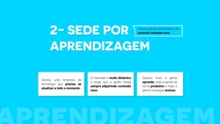 2- Sede por
aprendizagem
Temos sede de aprendizado e de
consumir conteúdo novo.
Somos uma empresa de
tecnologia que precisa se
atualizar a todo o momento.
O mercado é muito dinâmico
e exige que a gente esteja
sempre adquirindo conteúdo
novo.
Quanto mais a gente
aprende, mais a gente se
torna produtivo e mais a
gente consegue ensinar.
 