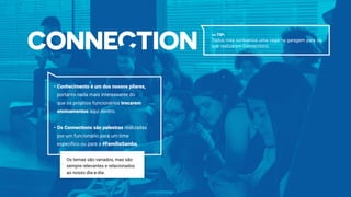 •	Conhecimento é um dos nossos pilares,
portanto nada mais interessante do
que os próprios funcionários trocarem
ensinamentos aqui dentro.	
•	Os Connections são palestras realizadas
por um funcionário para um time
específico ou para a #FamíliaSamba.
Os temas são variados, mas são
sempre relevantes e relacionados
ao nosso dia-a-dia.
>> TIP:
Todos mês sorteamos uma vaga na garagem para os
que realizaram Connections.
 