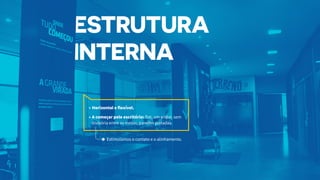 •	Horizontal e flexível.
•	A começar pelo escritório: flat, um andar, sem
divisória entre as mesas, paredes plotadas.
Estimulamos o contato e o alinhamento.
 