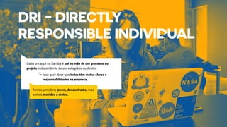 Cada um aqui na Samba é pai ou mãe de um processo ou
projeto, independente de ser estagiário ou diretor.
Temos um clima jovem, descontraído, mas
somos movidos a metas.
Isso quer dizer que todos têm metas claras e
responsabilidades na empresa.
 