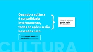 }
Quando a cultura
é consolidada
internamente,
todas as ações serão
baseadas nela.
Desde o processo seletivo essas
características são consideradas.
É papel dos funcionários
assimilar, seguir e
defender a cultura.
 