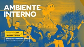 É a forma como as pessoas lidam no dia a
dia com tudo o que acontece na empresa.
É caracterizado pelo clima,
relacionamento interpessoal
e atividades no escritório.
 