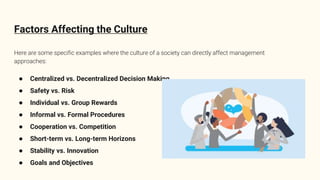 Factors Affecting the Culture
Here are some specific examples where the culture of a society can directly affect managemen...