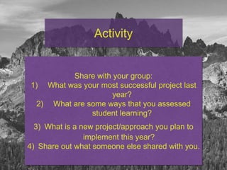 Activity
Share with your group:
1) What was your most successful project last
year?
2) What are some ways that you assessed
student learning?
3) What is a new project/approach you plan to
implement this year?
4) Share out what someone else shared with you.
 