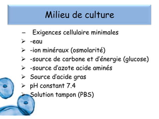 Milieu de culture
–








Exigences cellulaire minimales
-eau
-ion minéraux (osmolarité)
-source de carbone et d’énergie (glucose)
-source d’azote acide aminés
Source d’acide gras
pH constant 7.4
Solution tampon (PBS)

 