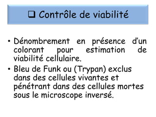  Contrôle de viabilité
• Dénombrement en présence d’un
colorant
pour
estimation
de
viabilité cellulaire.
• Bleu de Funk ou (Trypan) exclus
dans des cellules vivantes et
pénétrant dans des cellules mortes
sous le microscope inversé.

 
