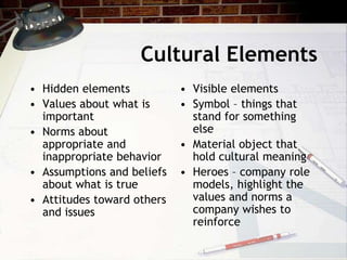 Cultural Elements
• Hidden elements
• Values about what is
important
• Norms about
appropriate and
inappropriate behavior
• Assumptions and beliefs
about what is true
• Attitudes toward others
and issues
• Visible elements
• Symbol – things that
stand for something
else
• Material object that
hold cultural meaning
• Heroes – company role
models, highlight the
values and norms a
company wishes to
reinforce
 