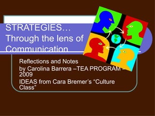 STRATEGIES…  Through the lens of Communication   Reflections and Notes  by Carolina Barrera –TEA PROGRAM – 2009  IDEAS from Cara Bremer’s “Culture Class” 