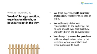 www.evaluagent.net
WAYS OF WORKING #3
We don’t let ego, emotion,
organisational levels, or
boundaries get in the way.
• We...