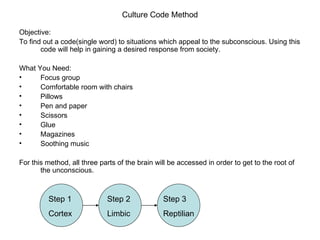 Culture Code Method ,[object Object],[object Object],[object Object],[object Object],[object Object],[object Object],[object Object],[object Object],[object Object],[object Object],[object Object],[object Object],Step 1 Cortex Step 2 Limbic Step 3 Reptilian 