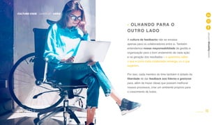 10
CULTURE CODE - LAYER UP - GERAÇÃO DE BONS RESULTADOS
www.layerup.com.br
A cultura de feedbacks não se encaixa
apenas para os colaboradores entre si. Também
entendemos nossa responsabilidade de gestão e
organização para o bom andamento de cada ação
e na geração dos resultados – e queremos saber
o que e como cada colaborador enxerga, ou o que
sugerem.
Por isso, cada membro do time também é dotado da
liberdade de dar feedback aos lideres e gestores
para, além de trazer ideias que possam melhorar
nossos processos, criar um ambiente propício para
o crescimento de todos.
- OLHANDO PARA O
OUTRO LADO
CULTURE CODE - LAYER UP - GERA
 