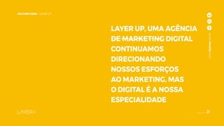 23
CULTURE CODE - LAYER UP - TRANSFORMAÇÃO DIGITAL
www.layerup.com.br
LAYER UP, UMA AGÊNCIA
DE MARKETING DIGITAL
CONTINUAMOS
DIRECIONANDO
NOSSOS ESFORÇOS
AO MARKETING, MAS
O DIGITAL É A NOSSA
ESPECIALIDADE
www.layerup.com.br
23
CULTURE CODE - LAYER UP
 