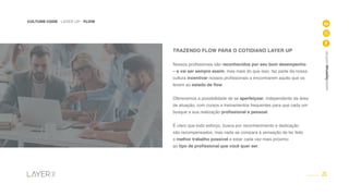 25
CULTURE CODE - LAYER UP - FLOW
www.layerup.com.br
TRAZENDO FLOW PARA O COTIDIANO LAYER UP
Nossos profissionais são reconhecidos por seu bom desempenho
– e vai ser sempre assim, mas mais do que isso, faz parte da nossa
cultura incentivar nossos profissionais a encontrarem aquilo que os
levem ao estado de flow.
Oferecemos a possibilidade de se aperfeiçoar, independente da área
de atuação, com cursos e treinamentos frequentes para que cada um
busque a sua realização profissional e pessoal.
É claro que todo esforço, busca por reconhecimento e dedicação
são recompensados, mas nada se compara à sensação de ter feito
o melhor trabalho possível e estar cada vez mais próximo
ao tipo de profissional que você quer ser.
 