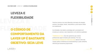 31
CULTURE CODE - LAYER UP - LEVEZA E FLEXBILIDADE
www.layerup.com.br
LEVEZA E
FLEXIBILIDADE
LEVEZA E
FLEXIBILIDADE
O CÓDIGO DE
COMPORTAMENTO DA
LAYER UP É BASTANTE
OBJETIVO: SEJA LEVE
Vivemos imersos nos mais diferentes mercados de atuação:
eventos, tecnologia, direito, intercâmbio ou até mesmo títulos
de investimento.
As atividades vão desde a estratégia até a produção de 5
e-books por semana: tudo impecável e com extrema qualidade.
Trabalhamos muito, mas não queremos que nossos
profissionais sejam tomados pelo estresse. Por isso,
estimulamos a leveza em nosso dia a dia, seja por meio das
nossas ações e dinâmicas de endomarketing ou pelo ambiente
informal que buscamos proporcionar.
 