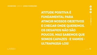 32
CULTURE CODE - LAYER UP - LEVEZA E FLEXBILIDADE
www.layerup.com.br
ATITUDE POSITIVA É
FUNDAMENTAL PARA
ATINGIR NOSSOS OBJETIVOS
E CHEGAR ONDE QUEREMOS.
OS DESAFIOS NÃO SÃO
POUCOS, MAS SABEMOS QUE
SOMOS CAPAZES – E VAMOS –
ULTRAPASSÁ-LOS!
www.layerup.com.br
32
CULTURE CODE - LAYER UP - LEVEZA E FLEXBILIDADE
 
