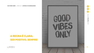 33
CULTURE CODE - LAYER UP - LEVEZA E FLEXBILIDADE
www.layerup.com.br
A REGRA É CLARA:
SER POSITIVO, SEMPRE!
 
