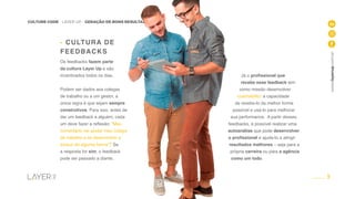 9
CULTURE CODE - LAYER UP - GERAÇÃO DE BONS RESULTADOS
www.layerup.com.br
Já o profissional que
recebe esse feedback tem
como missão desenvolver
coachability: a capacidade
de recebe-lo da melhor forma
possível e usá-lo para melhorar
sua performance. A partir desses
feedbacks, é possível realizar uma
autoanálise que pode desenvolver
o profissional e ajuda-lo a atingir
resultados melhores – seja para a
própria carreira ou para a agência
como um todo.
Os feedbacks fazem parte
da cultura Layer Up e são
incentivados todos os dias.
Podem ser dados aos colegas
de trabalho ou a um gestor, a
única regra é que sejam sempre
construtivos. Para isso, antes de
dar um feedback a alguém, cada
um deve fazer a reflexão: “Meu
comentário vai ajudar meu colega
de trabalho a se desenvolver e
evoluir de alguma forma”? Se
a resposta for sim, o feedback
pode ser passado a diante.
- CULTURA DE
FEEDBACKS
 
