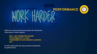 PERFORMANCE
Medimos nossa performance através de indicadores-
chave para o nosso negócio:
NPS – NET PROMOTER SCORE
FATURAMENTO E LUCRO
CRESCIMENTO DOS NOSSOS CLIENTES
Q12
E cada colaborador tem seus próprios indicadores
de performance.
 