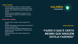 VALORES
INTEGRIDADE
“FAZER O QUE É CERTO
MESMO QUE NINGUÉM
ESTEJA FAZENDO”
NOSSO MANTRA:
Quando pagamos todos os nossos impostos.
quando falamos sempre a verdade para nosso
cliente e não utilizamos falsas ancoragens para
vender.
Quando somos verdadeiros e inteiros com a
nossa palavra e quando a verdade é a nossa
única opção.
COMO VIVEMOS
COMO NÃO VIVEMOS
Quando minto, recebo o troco errado e fico
quieto.
Quando altero algum número para surpreender o
cliente ou vender mais.
Quando deixo de dar algum feedback para um
colega que está "prejudicando" a empresa com
alguma atitude.
Quando não estou por inteiro presente nos
eventos.
 