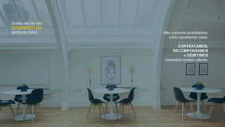 Não somente acreditamos,
como apostamos neles.
CONTRATAMOS,
RECOMPENSAMOS
e DEMITIMOS
baseados nesses valores.
Esses valores são
FUNDAMENTAIS
dentro do EAG.
 