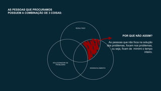 AS PESSOAS QUE PROCURAMOS
POSSUEM A COMBINAÇÃO DE 3 COISAS:
RESULTADO
DESENVOLVIMENTO
SOLUCIONADOR DE
PROBLEMAS
POR QUE NÃO ASSIM?
As pessoas que não foca na solução
dos problemas, focam nos problemas,
ou seja, ficam de mimimi o tempo
inteiro.
 