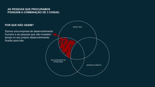 AS PESSOAS QUE PROCURAMOS
POSSUEM A COMBINAÇÃO DE 3 COISAS:
RESULTADO
DESENVOLVIMENTO
SOLUCIONADOR DE
PROBLEMAS
POR QUE NÃO ASSIM?
Somos uma empresa de desenvolvimento
humano e as pessoas que não investem
tempo no seu próprio desenvolvimento
ficarão para trás.
 