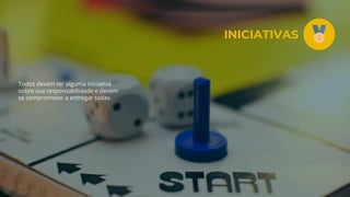 Todos devem ter alguma iniciativa
sobre sua responsabilidade e devem
se comprometer a entregar todas.
INICIATIVAS
 
