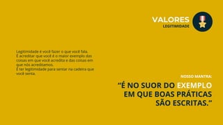 “É NO SUOR DO EXEMPLO
EM QUE BOAS PRÁTICAS
SÃO ESCRITAS.”
Legitimidade é você fazer o que você fala.
É acreditar que você é o maior exemplo das
coisas em que você acredita e das coisas em
que nós acreditamos.
É ter legitimidade para sentar na cadeira que
você senta.
VALORES
LEGITIMIDADE
NOSSO MANTRA:
 