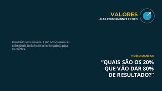 ”QUAIS SÃO OS 20%
QUE VÃO DAR 80%
DE RESULTADO?”
Resultados nos movem. E são nossos maiores
entregáveis tanto internamente quanto para
os clientes.
VALORES
ALTA PERFORMANCE E FOCO
NOSSO MANTRA:
 