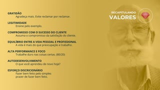 GRATIDÃO
Agradeça mais. Evite reclamar por reclamar.
LEGITIMIDADE
Ensine pelo exemplo.
COMPROMISSO COM O SUCESSO DO CLIENTE
Assuma o compromisso da satisfação do cliente.
EQUILÍBRIO ENTRE A VIDA PESSOAL E PROFISSIONAL
A vida é mais do que preocupação e trabalho.
ALTA PERFORMANCE E FOCO
Trabalhe duro nas coisas certas. (80/20)
AUTODESENVOLVIMENTO
O que você aprendeu de novo hoje?
ESFORÇO DISCRICIONÁRIO
Fazer bem feito pelo simples
prazer de fazer bem feito.
RECAPITULANDO
VALORES
 