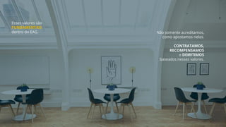 Esses valores são
FUNDAMENTAIS
dentro do EAG. Não somente acreditamos,
como apostamos neles.
CONTRATAMOS,
RECOMPENSAMOS
e DEMITIMOS
baseados nesses valores.
 