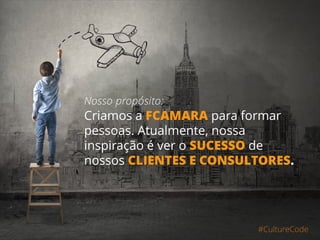 #CultureCode
Nosso propósito:
Criamos a FCAMARA para formar
pessoas. Atualmente, nossa
inspiração é ver o SUCESSO de
nossos CLIENTES E CONSULTORES.
 