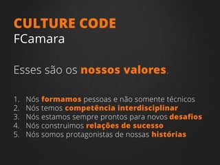 1. Nós formamos pessoas e não somente técnicos
2. Nós temos competência interdisciplinar
3. Nós estamos sempre prontos para novos desafios
4. Nós construimos relações de sucesso
5. Nós somos protagonistas de nossas histórias
CULTURE CODE
FCamara
Esses são os nossos valores.
 