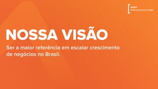 Ser a maior referência em escalar crescimento
de negócios no Brasil.
NOSSA VISÃO
[VISÃO:
Onde queremos chegar
 