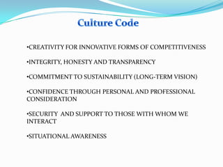 •CREATIVITY FOR INNOVATIVE FORMS OF COMPETITIVENESS
•INTEGRITY, HONESTY AND TRANSPARENCY

•COMMITMENT TO SUSTAINABILITY (LONG-TERM VISION)
•CONFIDENCE THROUGH PERSONAL AND PROFESSIONAL
CONSIDERATION

•SECURITY AND SUPPORT TO THOSE WITH WHOM WE
INTERACT
•SITUATIONAL AWARENESS

 