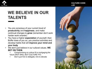 WE BELIEVE IN OUR
TALENTS
• You are conscious of your current level of
productivity and happiness, and make
continual changes to grow (remember don’t work
harder work smarter)
• You have a higher expectation of yourself, than
Buffer does of you so, you practice activities and
develop habits that will improve your mind and
your body
• We don’t just believe in our cultural values, WE
BET ON THEM.
• Compromising on culture fit is mortgaging the
future (NOT SKILL BUT CULTURE FIT)
• Don’t just hire to delegate, hire to elevate
CULTURE CODE
v.05
 